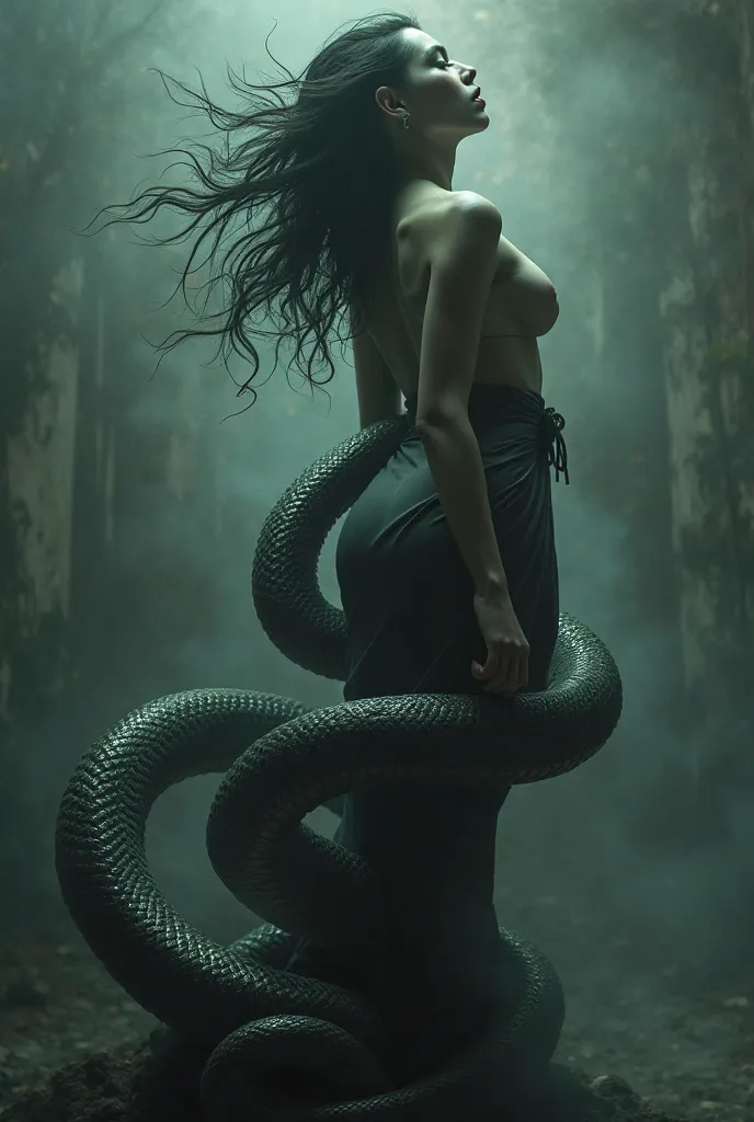 a poster of a teaser of the movie called Snake Girl in which she appears backwards with a snake (make it easy)