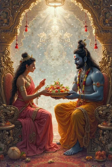 Annapurna mate sitting on throne and giving food to lord shiva