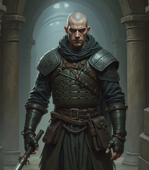 29yo, male, Padded vest armor, rapier in right hand, leather pouch on belt, shaved head, brunette, pale skin, gray eyes, (magical farm wisp in free hand), dungeon interior, slander body, sullen gloomy face, dark fantasy style