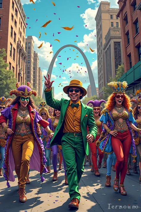 Create an illustration about Mardi Gras in Saint Louis. Very colourful like comic book 