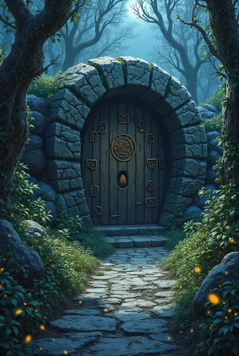 A nighttime forest path leading to an ancient, weathered stone door with rounded edges. The door is covered in clearly visible, deeply carved mystical symbols and has a hollow socket in the center where a stone should be placed. The forest is both beautifu...