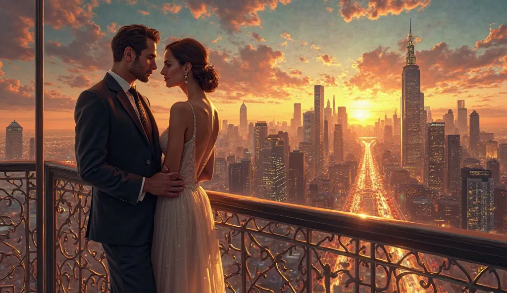 elegant man and woman,  In the left corner of the image , with a bright and elegant background of a city in the United States 