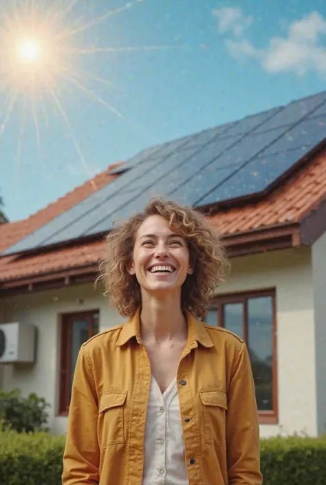 Happy person with the solar panels installed on the roof of their house and the air conditioning on.