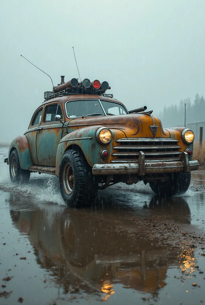 Old-fashioned, overmodified car that runs in rain and fog