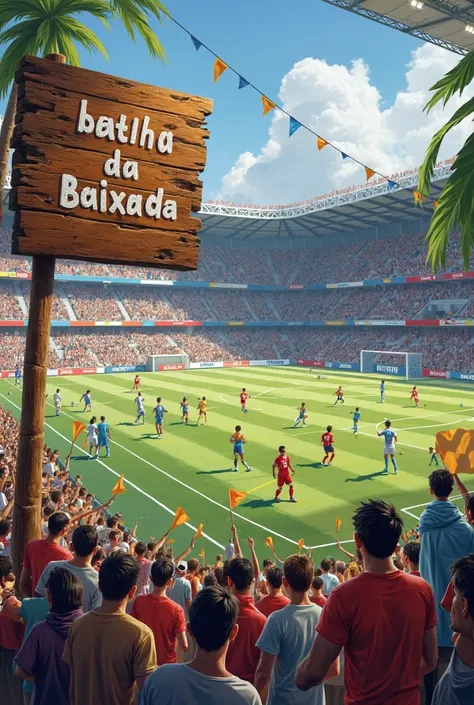 In HD at a soccer stadium with a wooden wooden sign written : BATALHA DA BAIXADA