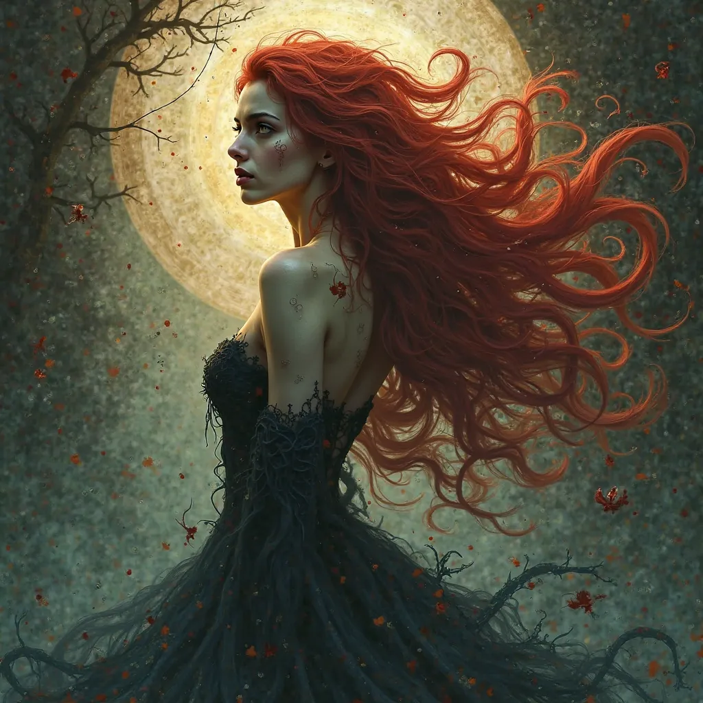 demon woman, long red wavy hair, dreams maker, 