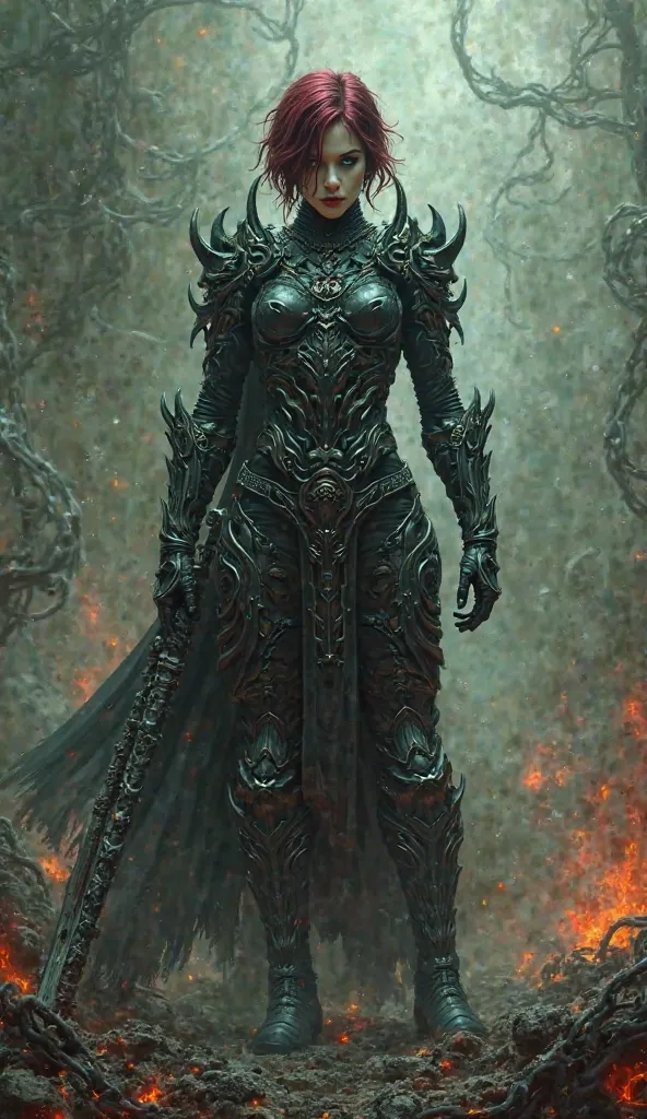 Create a highly detailed and atmospheric image in the style of H.R. Giger, infused with elements reminiscent of Clive Barker's "Hellraiser." The central figure is a dark warrior, a fierce and formidable combatant who embodies strength and resilience. She w...