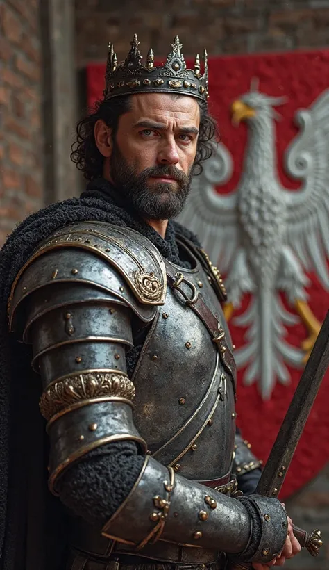 Nordic man with medium dark hair and beard, of clear blue eyes, with a (royal simple medieval crown), with (((medieval shield wilth ((crowned white eagle) on red background )), polish royal eagle) on wall behind), big sword in hands before king