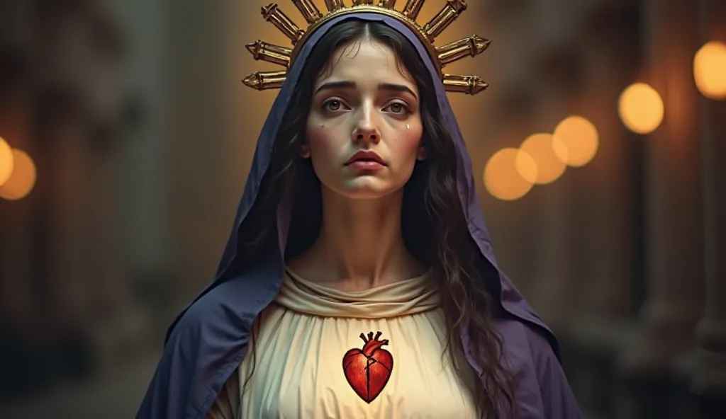 create an image of Our Lady of Sorrows, like a dramatic and artistic portrait of a fair-skinned woman, dark hair and delicate facial features, wearing a white outfit with a dark blue robe That cover the chest and with a purple hood.  Her expression is sad ...