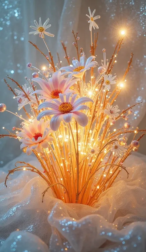 Glass art flowers made of glass have many yellow, pink, light blue, and white and orange flowers on the cloth, art works, unique, fantastic, and sparkling glass art, spotlights with lots of pearls and balls of light, glass art, transparent glass flowers, t...