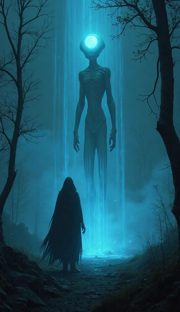 "A shadowy, humanoid alien figure standing near Magnetic Hill at night, with a faint blue glow surrounding the landscape."