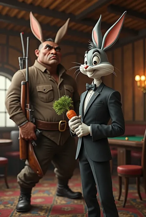 In an old, hardwood casino, Bugs Bunny appears as a tall, thin, elegant man with gray hair slicked back, wearing a dark gray suit and white gloves. He holds a carrot as he surveys his surroundings with a confident smile. Behind him, a gigantic and hyper-re...