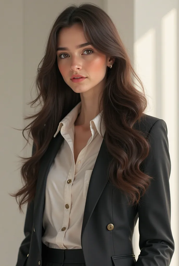 Young brunette woman with long hair and professional clothes