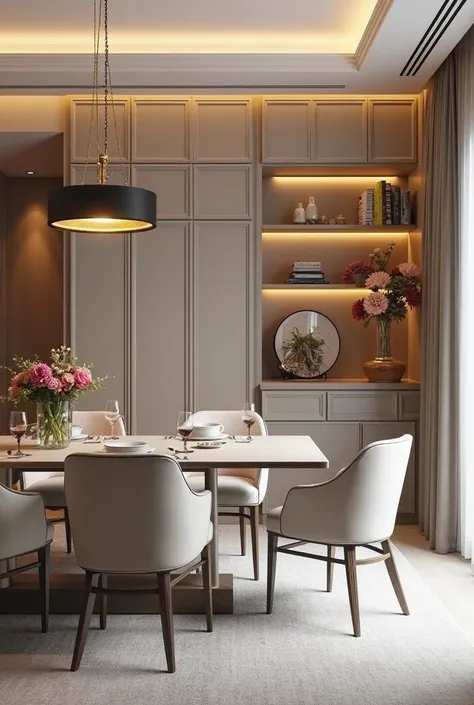 elegant and modern dining room, with soft beige tones, gray, white with details in more vibrant tones and a very functional closet
