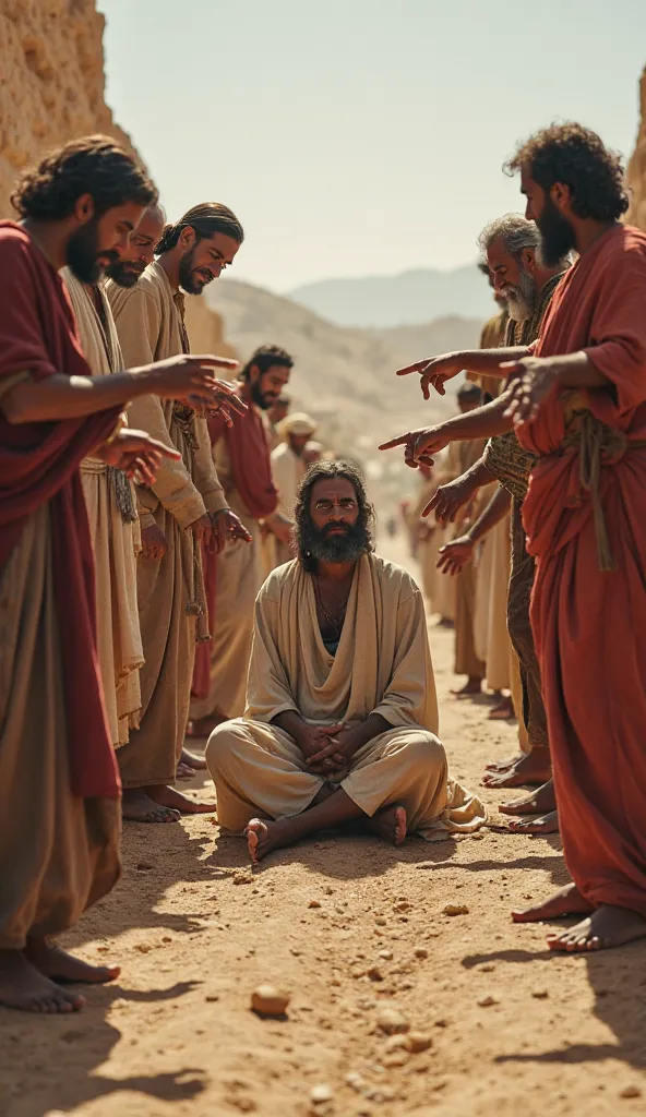 "A group of people surrounding a blind man sitting on the ground. Some are pointing to him, others with expressions of reproach,  trying to silence him . The setting is an ancient road in Israel, with Jesus approaching the background."