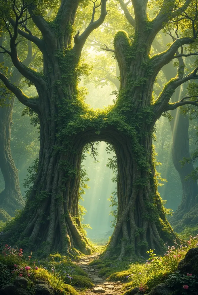 "Deep within a mystical forest, a group of tall, ancient trees is arranged in the shape of the letter 'H'. The dense greenery surrounds them, with soft golden sunlight filtering through the leaves, casting an ethereal glow. A light mist lingers in the air,...