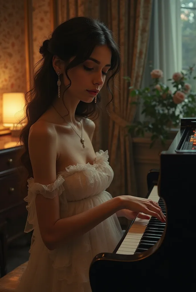 A sensual poetic woman plays the piano close up