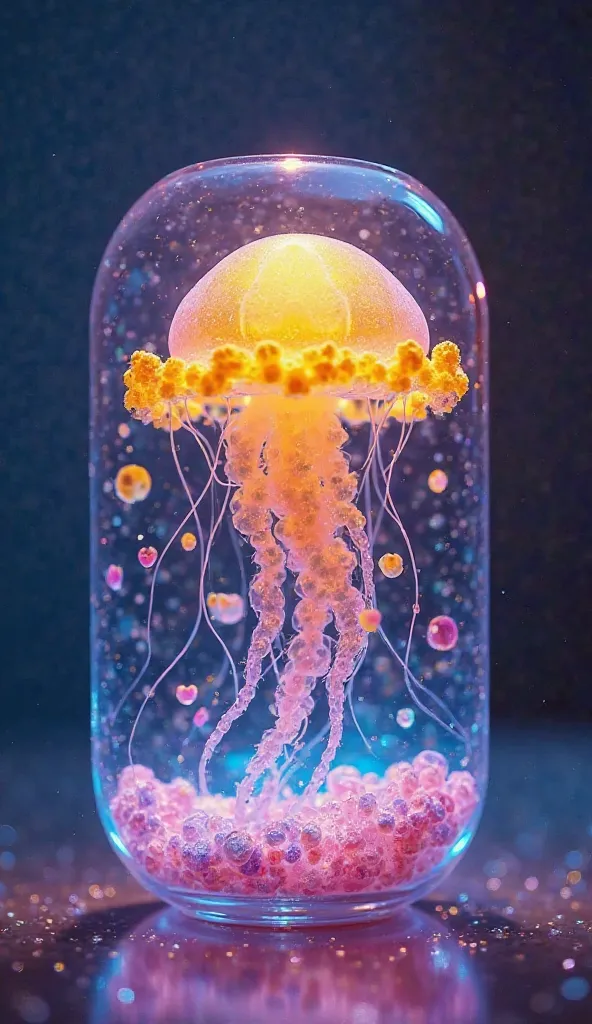 Proyección holográfica de un light yellow jellyfish translúcido, tierno animación 3d inside of a lava lamp abstracto, bajo el agua, glitter, pastel colored crystals, light vibrant pastel colors, soft rainbow vibes, tierno, 3d simple minimalist scene, holog...