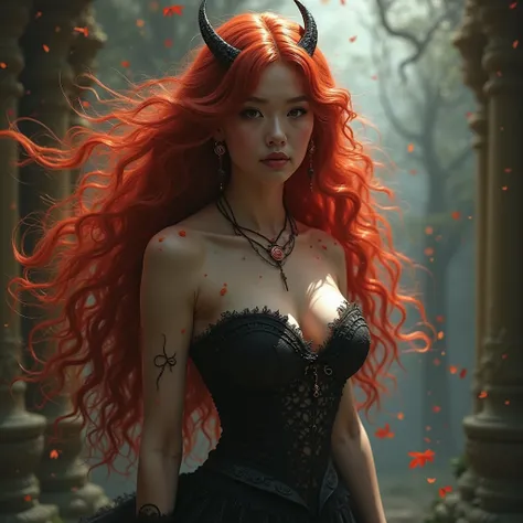 demon woman, long red wavy hair, dreams maker, big bosom, intricate details, magical fantasy, cinematic lighting, digital painting, photorealistic, 8K, masterpiece, hyper-detailed, dramatic composition, ethereal ambiance