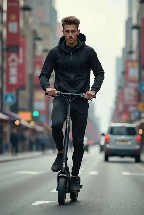 Fait un individu masculin en survêtements noir sur une trotinette électrique 