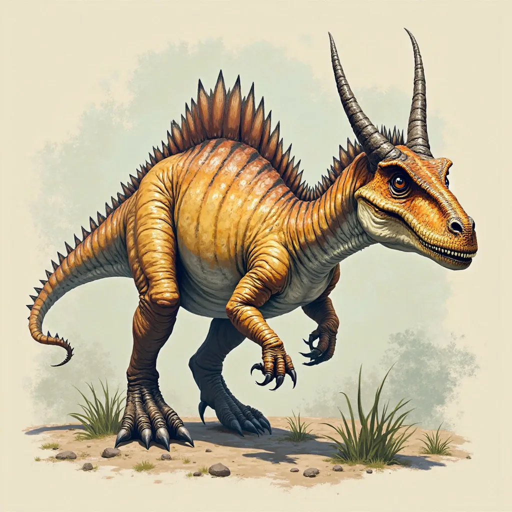 The depicted creature is a Ceratosaurus, a carnivorous theropod dinosaur from the Late Jurassic period. Key features include: 
Horns/Crests: It had a horn-like crest on its snout and rows of bony armor along its back. 
Size and Weight: Ceratosaurus measure...