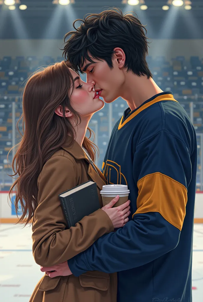   Generate a realistic image of a couple about to kiss : the young woman has long light brown hair with a silver lock on the front side, his eyes are closed waiting to be kissed, she wears a light brown overcoat and hugs a single book close to the chest wi...