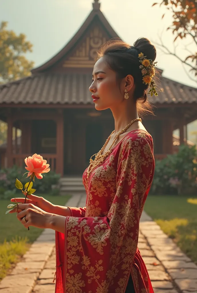 An Indonesian woman, standing in a kebaya holding a rose with rumah gadang in the background