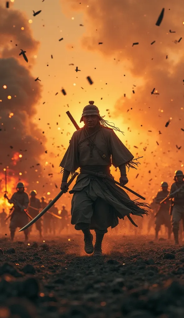 A war-ravaged battlefield at sunset, smoke filling the air. A single samurai warrior, wounded but unyielding, charges forward against a line of modern soldiers armed with rifles. His katana is raised high, his war cry echoing through the chaos. Bullets rip...