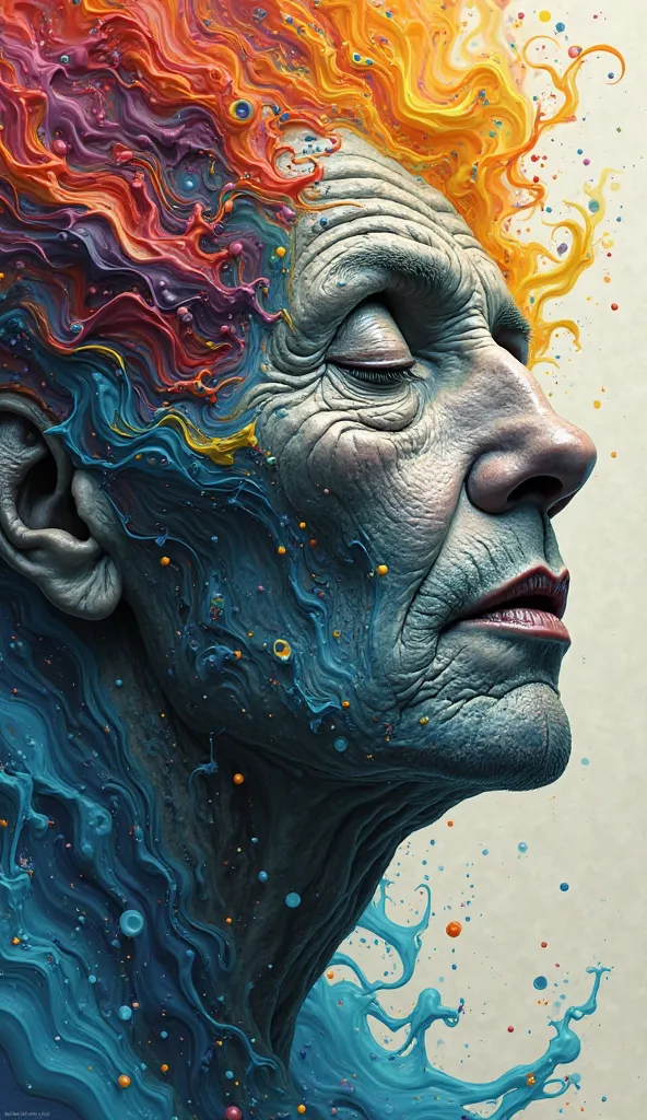 "An ancient face dissolves in a river of multicolored ink, its features melting in kaleidoscopic patterns that continuously spread and reform, creating new expressions at every moment