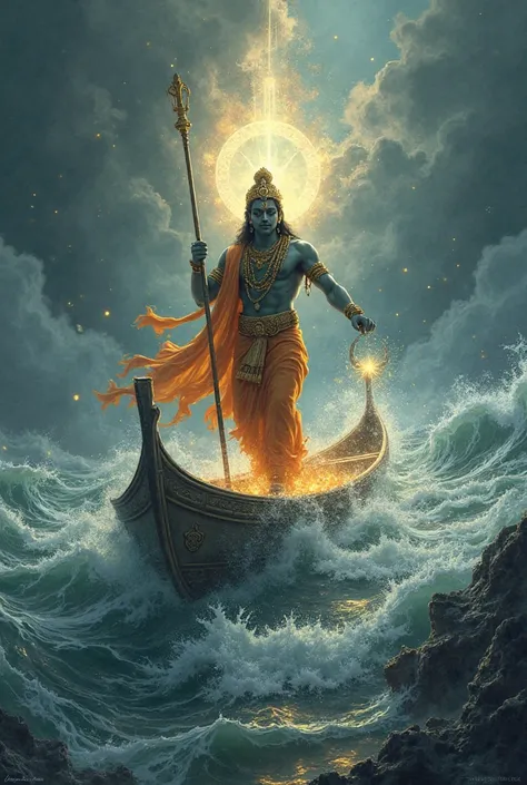 Imagine:The floodwaters rage, but Vishnu guides the boat safely, and the Vedas glow with divine light in the boat.