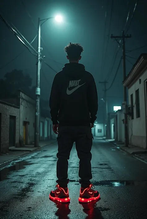 A young rapper standing on a dark and wet street, with just a lamp post illuminating his feet. He wears huge, flashy, sneakers that contrast with the dark mood of the scene. A arte tem um toque underground, with a heavy, introspective Rap-Trap album vibe. ...