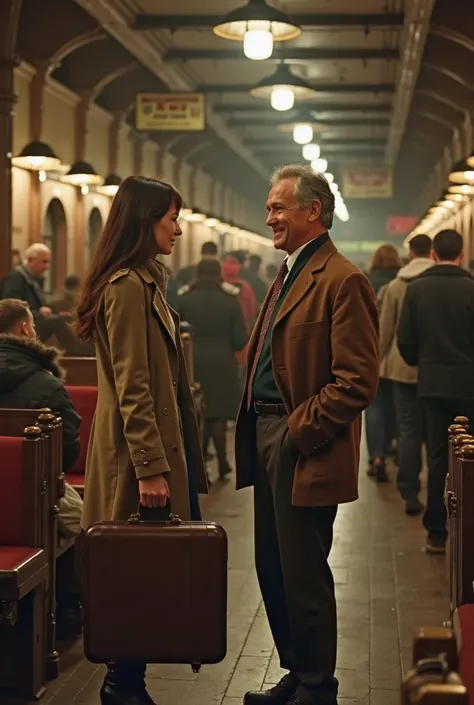 A man in his 40s to 50s, friendly and kind-looking, with a warm smile and modest yet neat clothing (brown jacket and dress pants, 1970s style). He is talking to a young woman in her 20s, who is wearing a long coat and holding a suitcase. The scene takes pl...