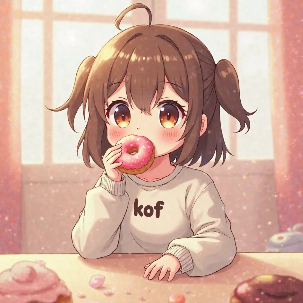 Cute  is eating donuts and wearing a shirt with text "KOF" anime, 