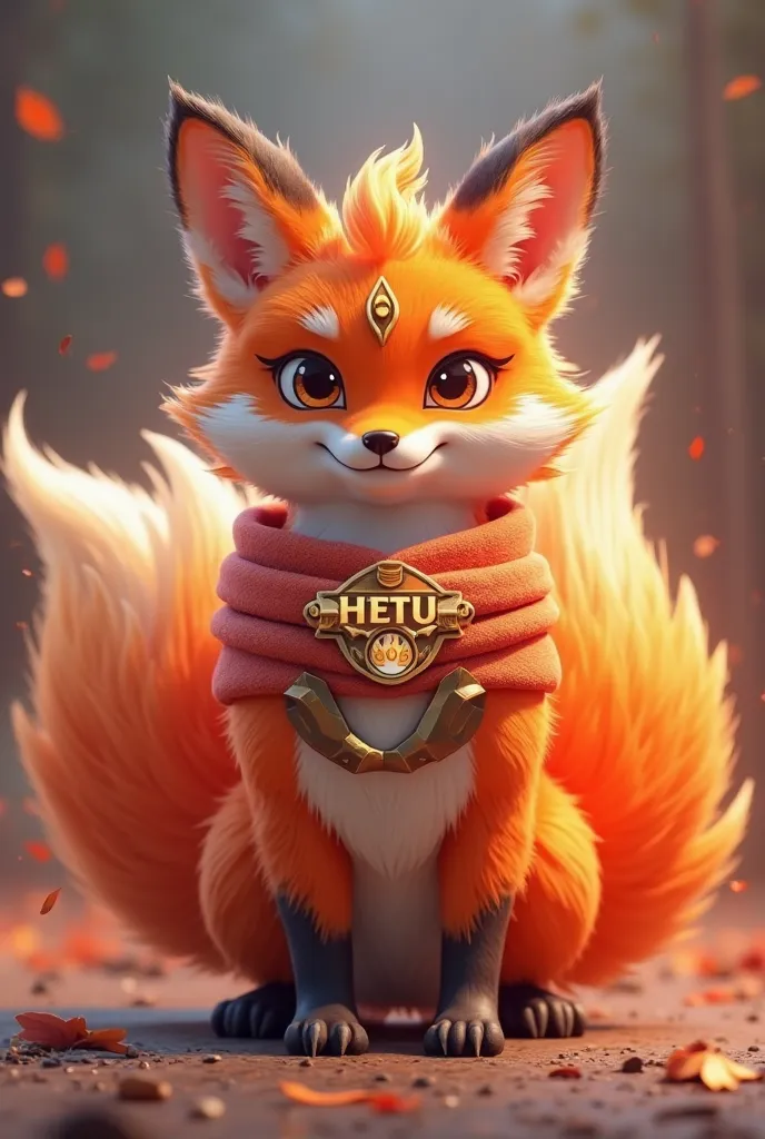 Create a lively mascot, HETU Nine-Tailed Fox, featuring a mystical fox with nine flowing tails. The HETU logo should adorn its fur, symbolizing wisdom and agility in the digital realm.3d photos add vivid effect