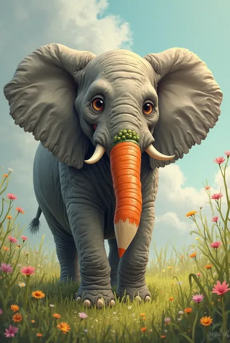 an elephant who has a pencil-style carrot instead of a hobat