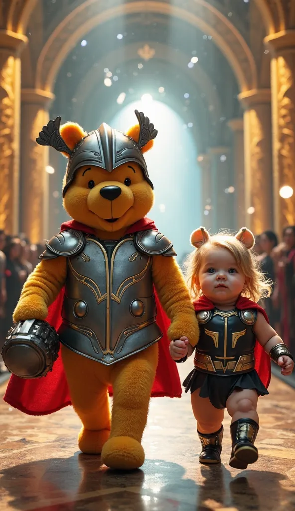 A majestic, Asgardian-themed fashion runway, with golden pillars and mystical lightning effects. A hyper-realistic Winnie the Pooh, with soft, fluffy fur, walks gracefully, wearing a silver chest plate, red cape, and a winged helmet slightly tilted on his ...