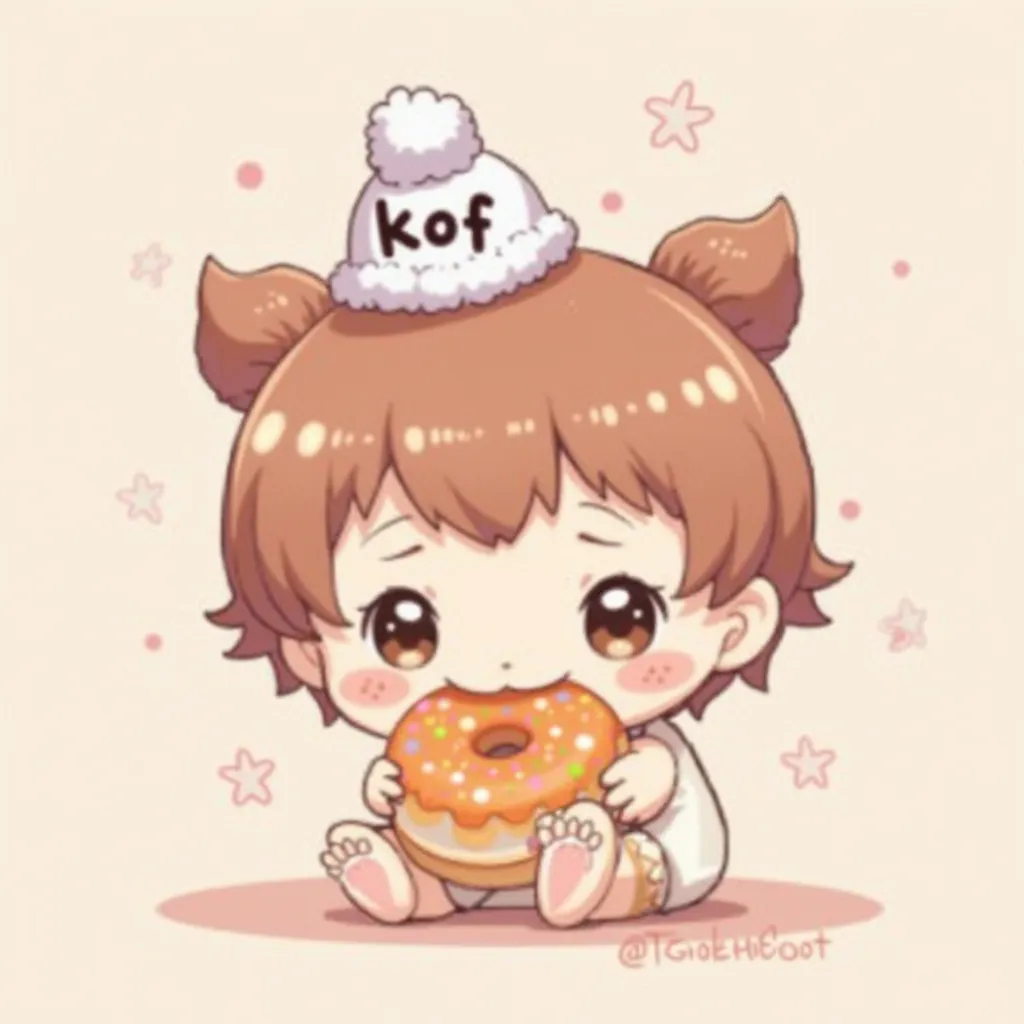 Cute  is eating donuts and wearing a hat with text "KOF" anime, 