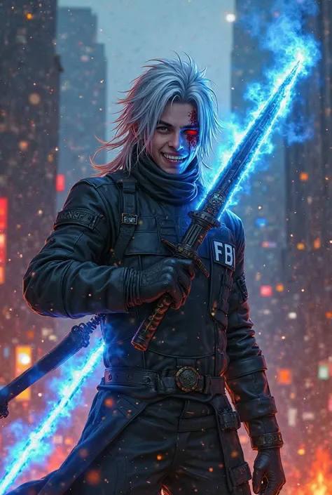 A man of about 18 years old, long gray and white hair, wearing a special unit suit, holding a blue flame sword, a blue aura, a bloody face, a bloody madman smile in the midst of a burning city and turning on colored lights, full of Aniem Beserk 4k lines, b...