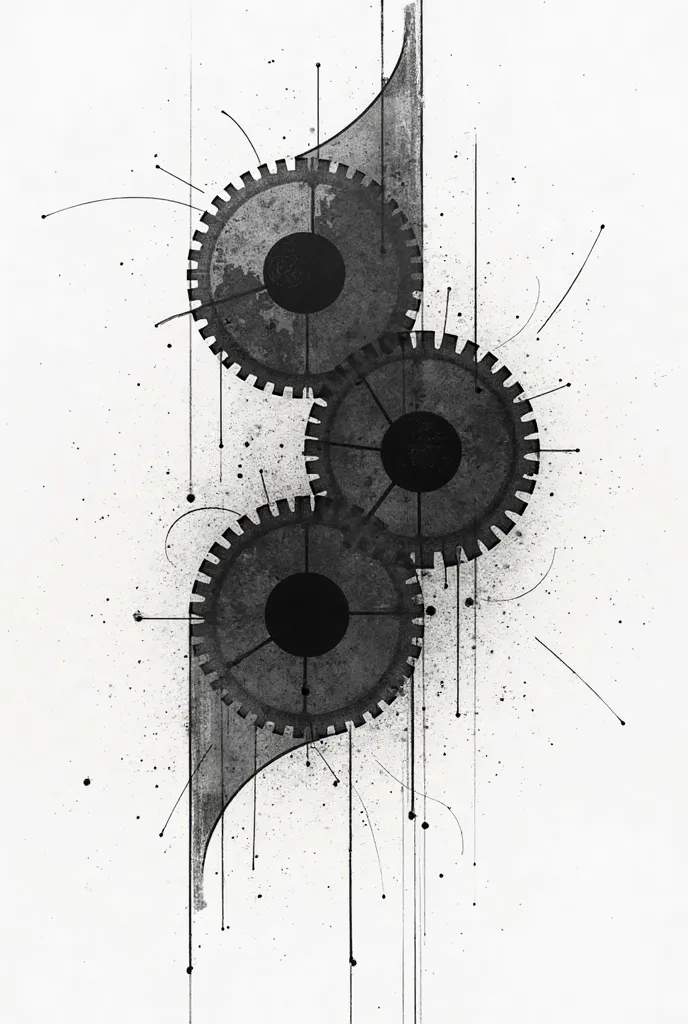 A minimal, surreal black and white illustration with overlapping, gear-like shapes representing the passage of time. The composition is symmetrical, with the shapes interlocked as if forming an abstract clockwork mechanism. Hand-drawn imperfections in the ...