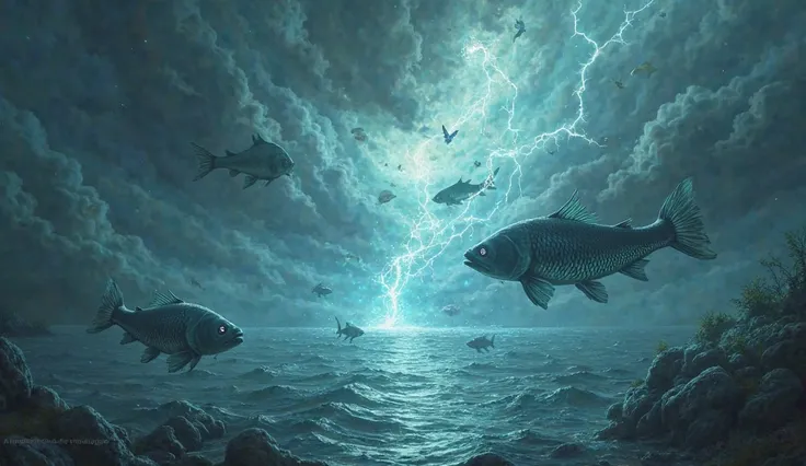 A mysterious, glowing force pulling fish from a river into storm clouds.