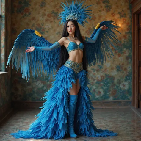 a long distance in a dance hall samba dance pose. 25 years old, Jung-Somin, korean woman, fair skin with highlighter in the corner, textured, super long, black, super straight hair with black eyes wears a macaw costume, blue feathered macaw headdress, blue...