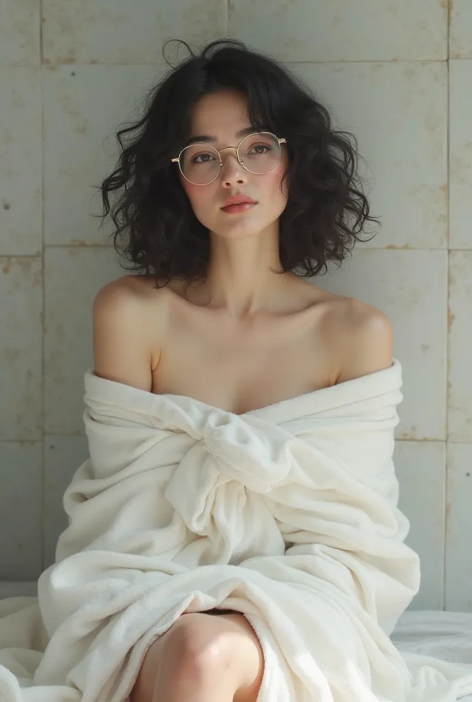 half-yellowish white-skinned woman, black hair, curly and shoulder-length, with a white towel wrapped around the whole body, with only the legs out and with glasses with frames not so thick 