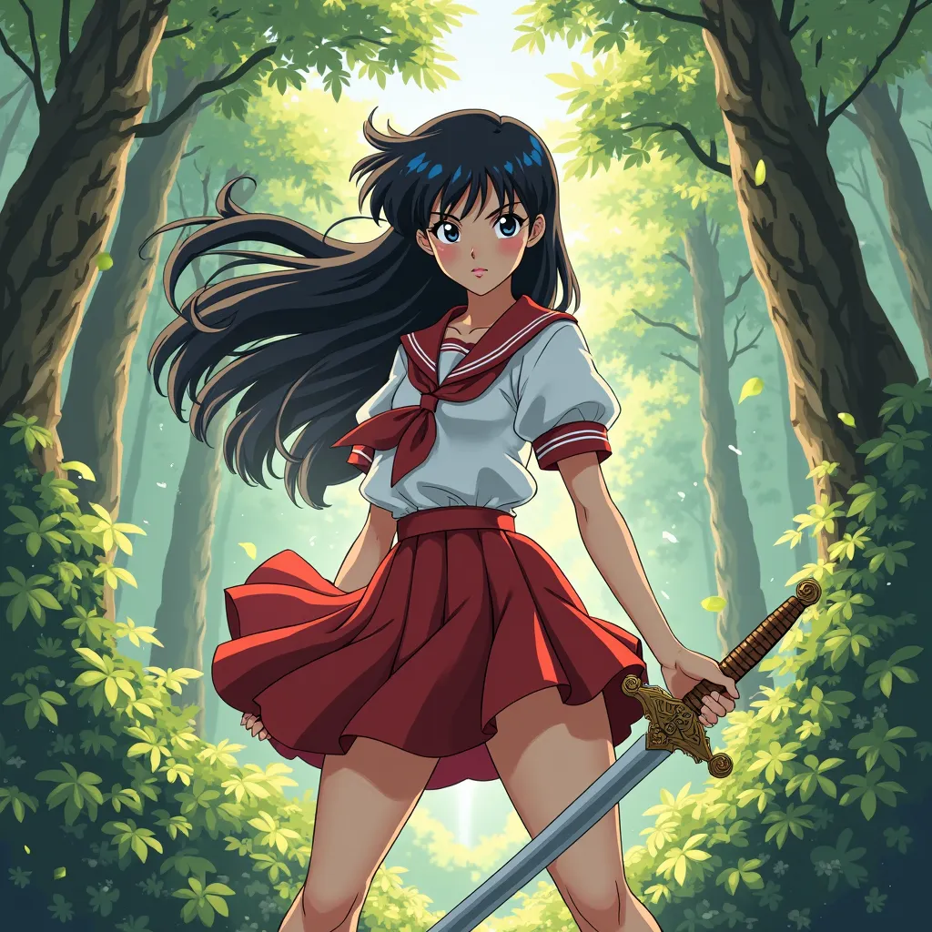 Kagome from inyuasha school uniform well curve out body with a sword  in the forest 