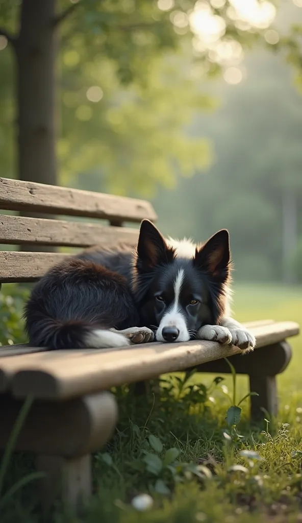 In a blurry park, a Border Collie lying and winged a bench. 