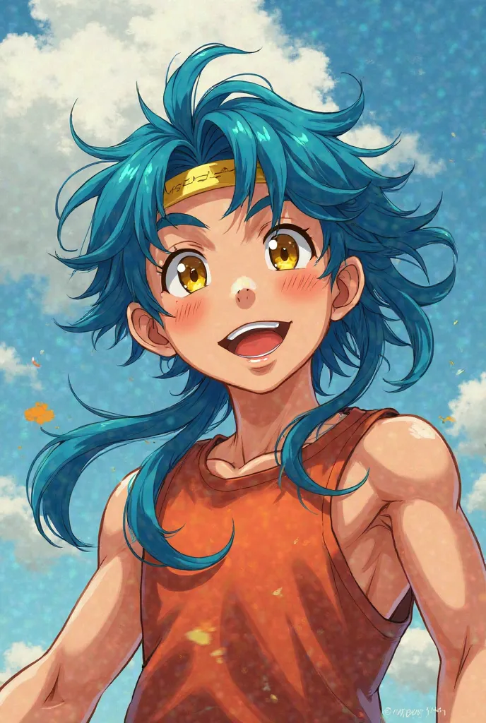 strong boy,long hair,  smile, blush, Yellow eyes, happy, Headband,  Blue Hair,  Based on the given image , anime style