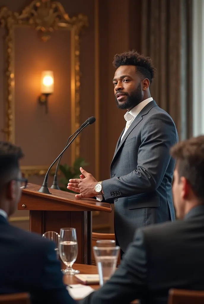 A male investor aged between 25 and 40, at an investment meeting, he being the main speaker and highly confident in himself. Brown man with brown and frizzy hair social cut 