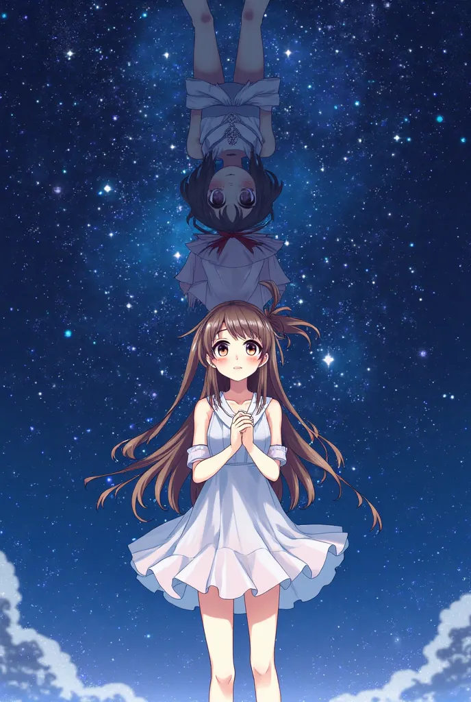 make a paired vertical anime avatar with characters above and below against the starry sky