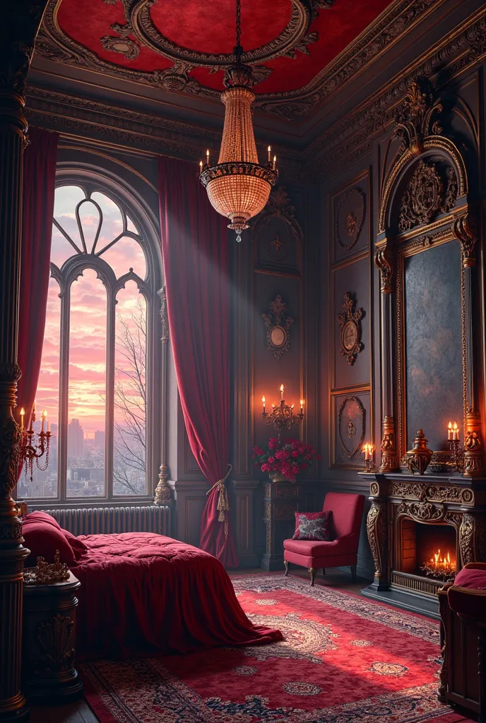 Big Vampire style bedroom and art studio. Sky at the window is red, pink and purple