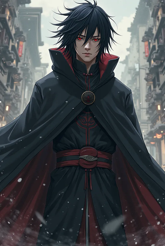 An Uchiha character with hair like Sasuke's but black,Clothes like Madara and Uchiha,Do it from scratch must have characteristics a bit like Itachi Madara Sasuke Obito Indra and Shisui 