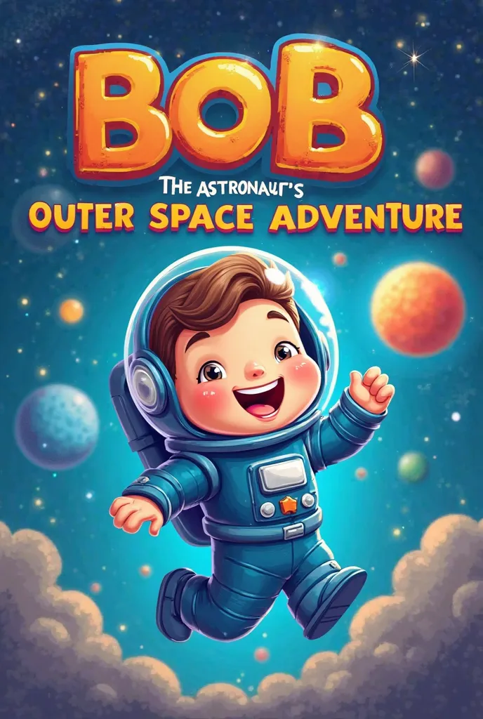 "Create a vibrant and playful cover for a ren's busy book titled 'Bob the Astronaut's Outer Space Adventure.' The cover should feature a friendly, cartoonish astronaut named Bob, with a bright blue spacesuit, a smiling face, and a shiny helmet. Bob is floa...